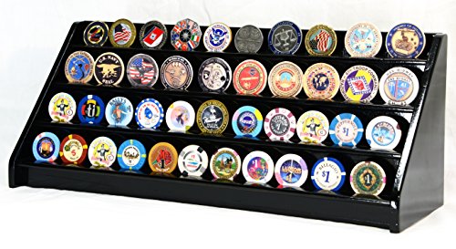4 Rows 40 Challenge Coin/Casino Chip Display Case Rack Holder Stand Solid Wood -Black Finish