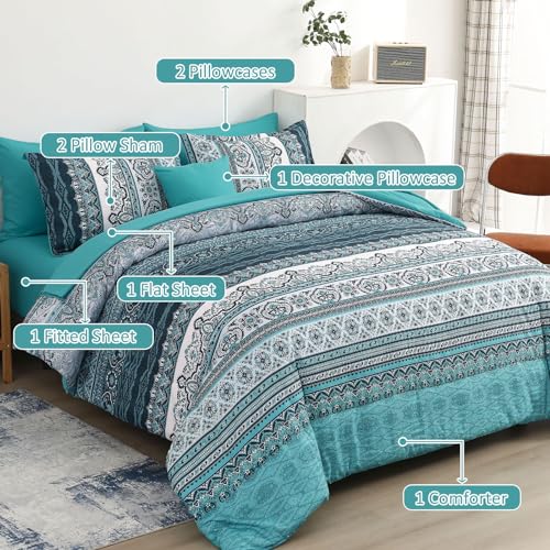 Image of Cottolester Boho King Size Comforter Set 8 Pieces, Teal Comforter Bohemian Striped Bed in A Bag, Soft Microfiber Bedding Set for All Seasons
