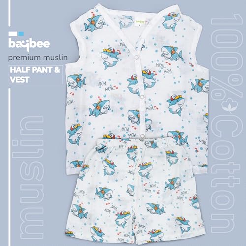 Image of BAYBEE 100% Muslin Cotton New Born Baby Clothes for Kids | Sleeveless Summer Wear with Soft & Breathable | Shirt and Shorts Set | Jablas for Baby Girl Boy Dress