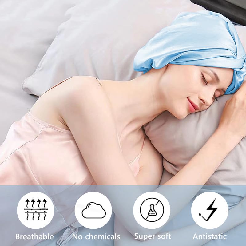 townssilk 100% seta di gelso, cappello da notte da donna, 16 momme, in seta, ideale per i capelli, protegge i capelli, cappello da notte in seta, doppio strato,iceblue
