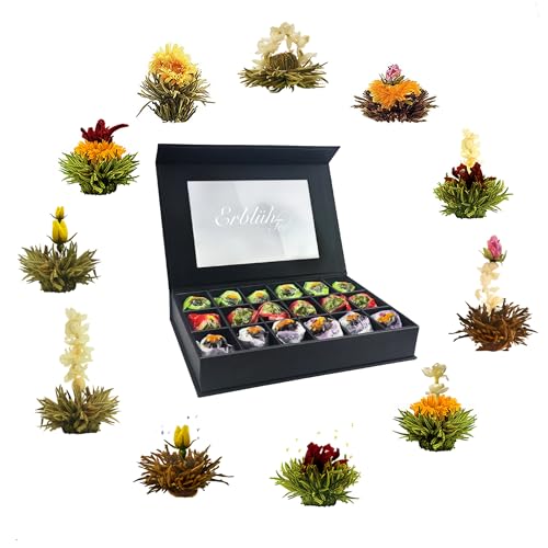 Creano Coffret Fleurs de Thé Mix 18 pcs – Grande Boîte Magnétique avec Fenêtre & Marquage Argent – Thé Blanc, Vert, Noir – Cadeau Premium