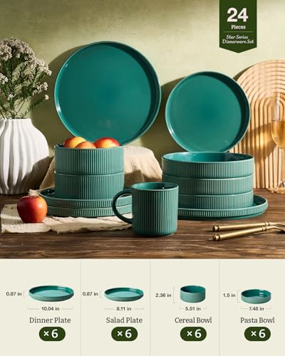 Image of Famiware Stoneware Dinnerware Set with Pasta Bowls, Sage Green Dishes for 6 | 24-Piece Ceramic Double Bowls & Flat Plates, Chip & Scratch Resistant, Microwave & Dishwasher Safe, Everyday Dining, Modern