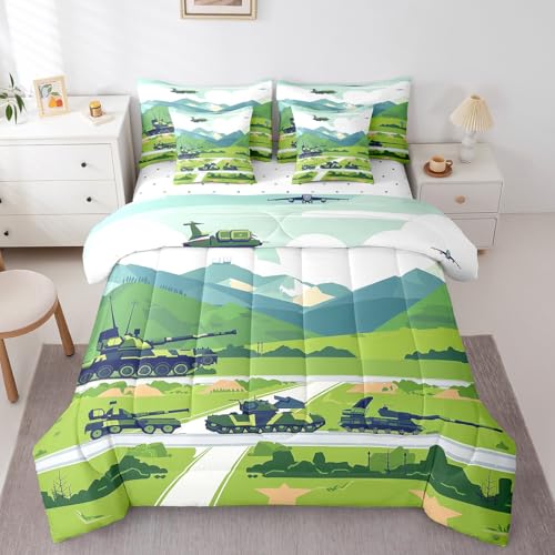 Erosebridal 7Pcs King Size Tank Bedding for Teen Boys Army Force Comforter Sets Bed in a Bag Helicopter Aircraft Cartoon Style Comforter with 2 Sheets 2 Pillowcases and 2 Throw Pillow Covers