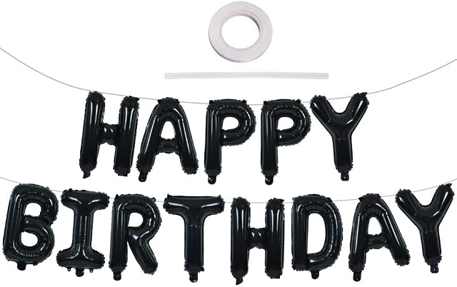 Black Happy Birthday Banner Balloons, 16 Inch Mylar Foil Letters Balloons Banner Reusable Ecofriendly Materialfor Birthday Decorations and Party Supplies(with Ribbon) 