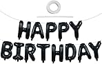 TONIFUL Black Happy Birthday Balloons Banner 16 Inch Mylar Foil Letters Birthday Sign Banner Bunting Reusable for Girls Boys Kids & Adults Birthday Decorations and Halloween Party Supplies