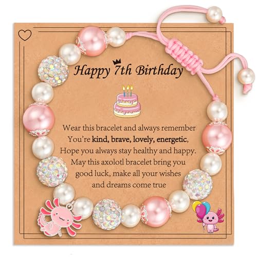 VULETO Happy 7 Year Old Girl Birthday Bracelet Gift, Adjustable Pink Pearl Charm Bracelet Axolotl Stuff 7th Birthday Gifts Ideas Decorations Christmas Jewelry Gifts for Daughter Niece Granddaughter Sister Kids