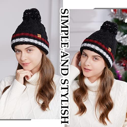 ECOMBOS Bobble Hat Women - Winter Hats for Women Knitted Wooly Hat Thermal Fleece Line Hat with Colorful Pom Pom for Ladies Outdoor