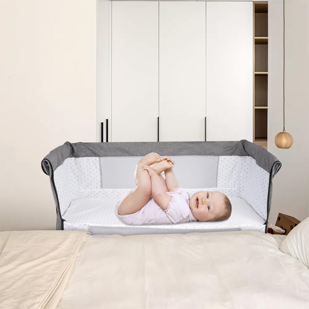 OHMG 3 en 1 Berceau Cododo,Lit Cododo Bebe Pliable,0-36 Mois,20 kg Max,Réglable Inclinaisons et 4 Hauteurs,Système Coulissant,Matelas Confort,Grand Panier (Gris（104 * 52 * 100-110cm）)