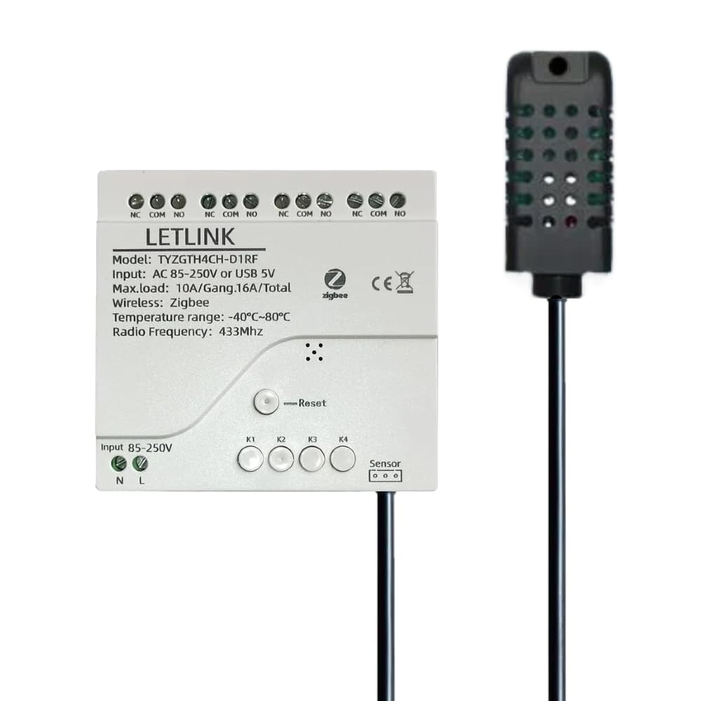 4CH Zigbee Temperature & Humidity Controller Relay, USB 5V or DC 7-32V Input, Extendable Probe Sensor, -20°C-80°C,Tuya App Remote (DC 7-32V)