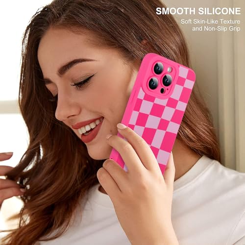 Image of ZIYE for iPhone 15 Pro Max Case Hot Pink Grids Plaid Checkerboard Pattern