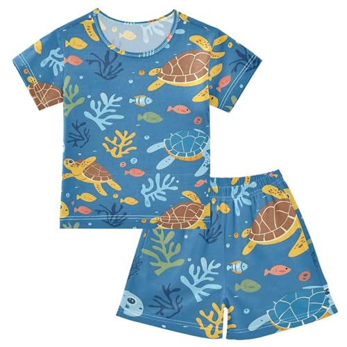 ALAZA Sea Turtle Fish Coral Reef Pajamas Short Sleeve 2 Piece Sleepwear Top and Bottom Pajama Set Unisex