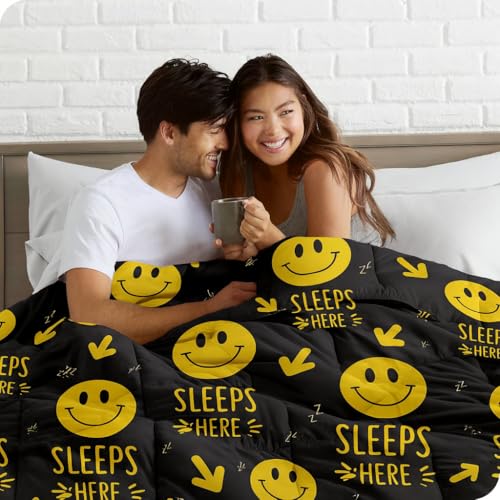 Image of 200 GSM 400 TC Kids Glace Cotton Reversible Cartoon Printed Double Bed King Size Comforter with Matching Bedsheet 90 * 100 with 2 Pillow Covers Set of 4 Pieces (Black Smile)
