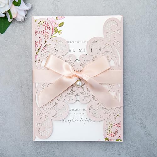 FEIYI 20Pcs 5.12x7.09 inch Laser Cut Wedding Invitation Cards With Envelopes and Ribbons for Quinceanera Bridal Shower Baby Shower Party Invite (Blush Pink)