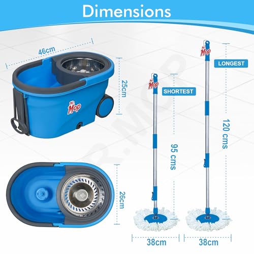 Image of Mr.Mop 360 Degree Round Spin Bucket Mop for Floor Cleaning with Rod Stick and 2 Microfiber Refill | Magic Pocha Set (Blue (Steel Jali))