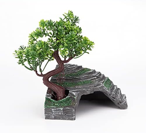 Reptile Simulation Rock Hide-Resin Amphibian Hideouts Cave Size 3.94'' x 1.77'' with Plastic Tree 7.87'',Habitat for Bearded Dragon Turtles Lizards Snakes Crab Gecko Leopard Spider Fish