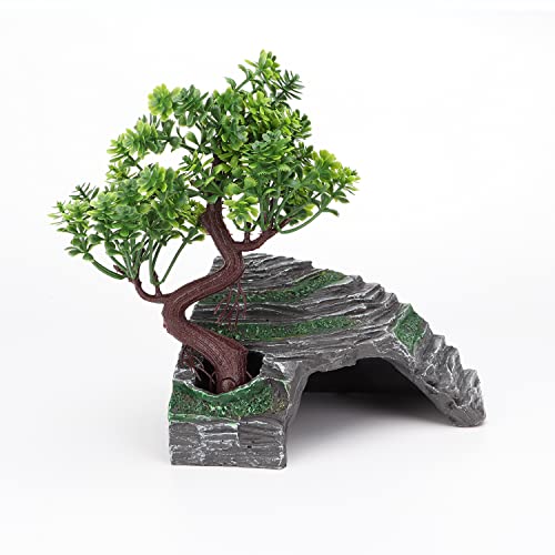 Reptile Simulation Rock Hide-Resin Amphibian Hideouts Cave Size 3.94'' X 1.77'' With Plastic Tree 7.87'',Habitat For Bearded Dragon Turtles Lizards Snakes Crab Gecko Leopard Spider Fish #TOP25