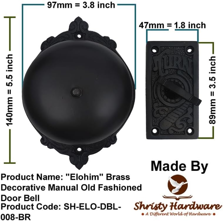 "Elohim" Brass Manual Old Fashioned Door Bell – Vintage Twist Bell – Mechanical Turn Door Bell for Home – (Pack of 1 Antique Black Finish)