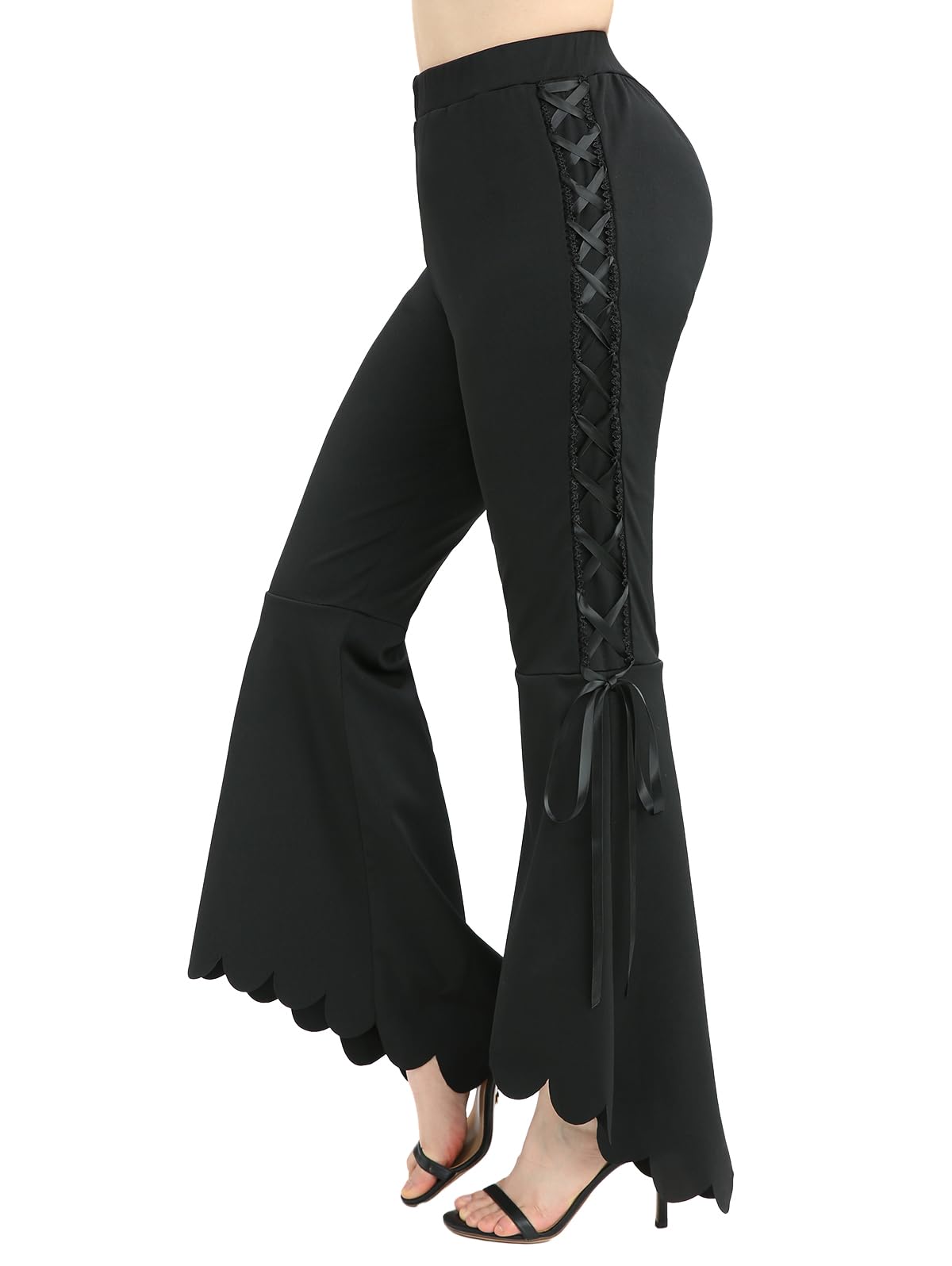 ROSE GAL Plus Size Women Elastic High Waisted Flare Pants Lace-up Scalloped Hem Bell Bottom Pants