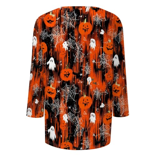 Image of Women Spooky Halloween Graphic Shirt 3 /4 Length Sleeve Crewneck Top | Halloween Funny Printed Pumpkin Plus Size Tshirts 2026 Fall Outfits Skeleton Tee Going Out Tops