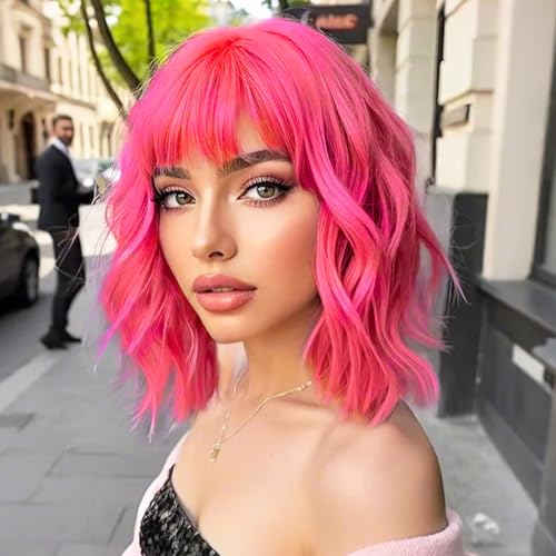 Image of AGO Pink Wigs with Bangs Pastel Bob Wig Shoulder Length 14Inch Synthetic Hair for Women Girl Heat Resistant Fiber Wig for Daily Party Halloween Cosplay Use(XT2124#HotPink)