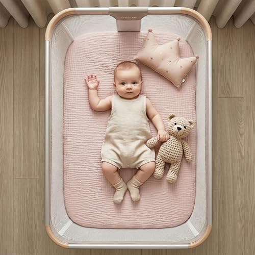Image of Muslin Bassinet Sheet Compatible with Mika Micky & Baby Delight Bedside Sleeper - 100% Cotton Rectangular Mattress Pad Cover (35 inchx20 inch), Breathable & Soft, Boho (1 Pack Pink)