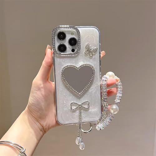 PONRFEKT 対応 Google Pixel 7A ケース ハートミラー ブリング ストーン装飾 カメラ保護 バタフライ&リボンチャーム 取り外せるハンドストラップ ソフトTPU 耐衝撃カバー-白