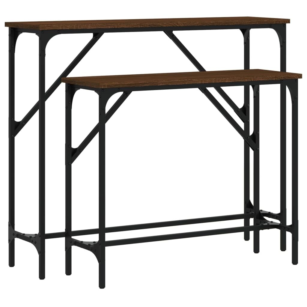 Set 2 Tavolini Consolle da Ingresso Legno Multistrato Marrone | Set di due tavoli impilabili salvaspazio per corridoio e soggiorno con telaio in metallo stabile e piedini regolabili.