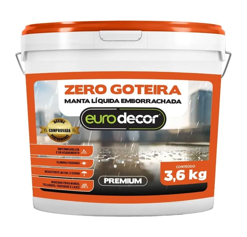 Manta Liquida Emborrachada Euro Decor 3.6KG Premium Zero Goteira Impermeabiliza Laje Telhado Fachada (Telha)