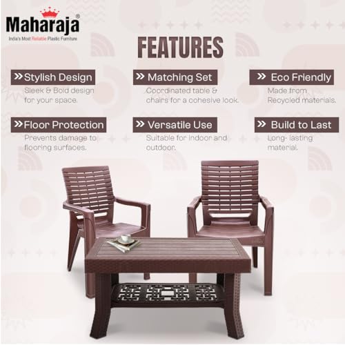 Image of MAHARAJA Heavy-Duty Plastic Chairs & Table | Set of Chairs with Elegant Table | Premium Design, Ideal for All Seasons (Brown, 2 Chair+1 Table)