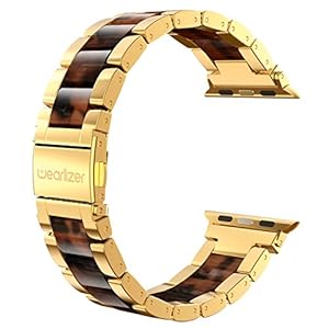 Wearlizer Compatible with Apple Watch Band 42/44/45/46/49mm Replacement Womens Mens Wristbands Gold Stainless Steel Luxury Tortoise Resin Strap Metal iWatch Ultra 2/Ultra/SE/10/9/8/7/6/5/4/3/2/1