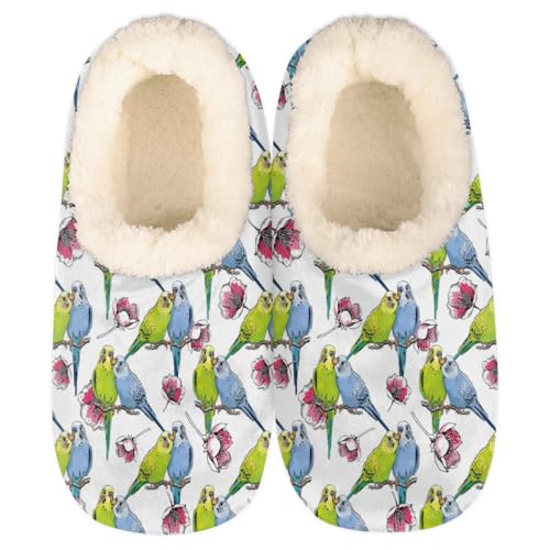 Tropical Bird Parrot House Slippers for Women Men Winter Warm Cozy Fuzzy Shoes Soft Non Slip Indoor Outdoor Slippers for Home Bedroom Kitchen, M