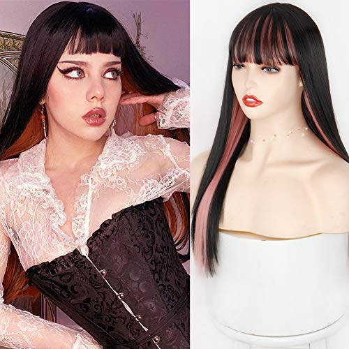 Image of Swiking Black and Pink Long Straight Wig for Women with Bangs Synthetic Hair Heat Resistant Fiber Wig Natural Looking Halloween Party Cosplay Wig
