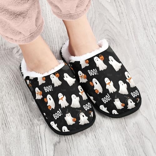 Grey Pumpkin Ghosts Halloween Slippers For Women Men Soft Memory Foam Non-Slip Halloween Winter Indoor House Shoes Travel Slipper4