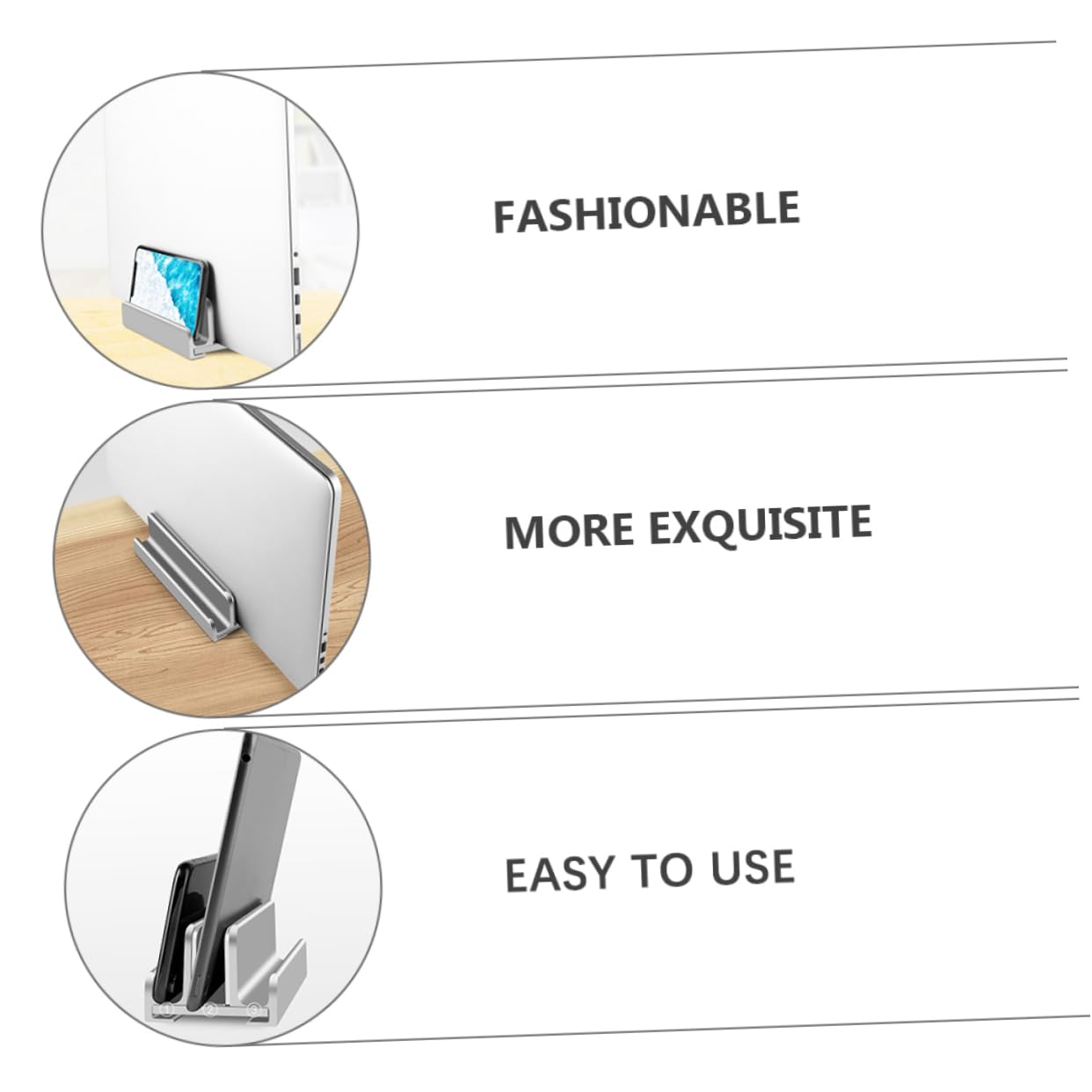 Supporto Verticale per Laptop a 3 Slot Regolabile in Alluminio Argento | Base Antiscivolo in Silicone, Apertura 13-38mm, Design da Scrivania per Telefono e Tablet