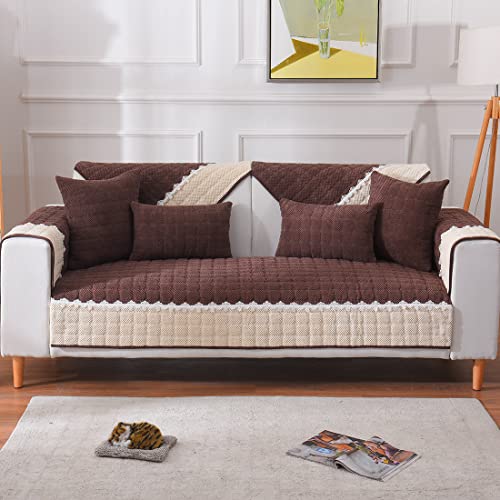 Vctops Soft Corduroy Sofa Couch Cover, Plaid Sectional Couch Covers, Non-Slip Sofa Slipcover For Dogs Cats Kids Love Seat Recliner Leather L Shaped, Armrest Backrest Cover(Brown,43"X63") #TOP1