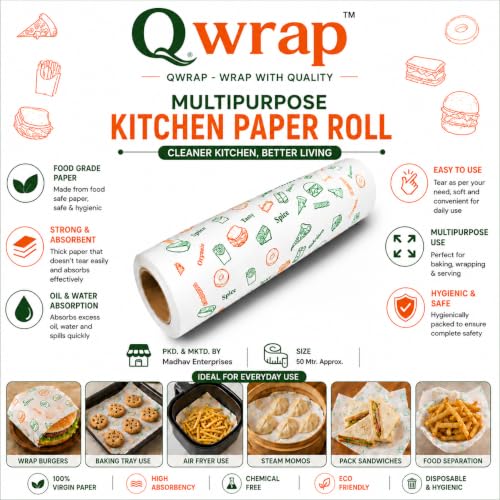 Image of Q Wrap Food Wrap Roll, Butter Paper, 50 Mtr. Roll, Single Use