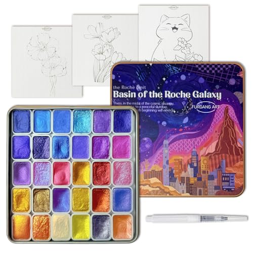 FURGANG ART Mini Shifting Watercolor Paint Set 30 Color Glitter Watercolor Painting Kit Metallic Watercolor Paints Solid Water Colors Paint Adult Set Detail Paint Brush Included for Artists