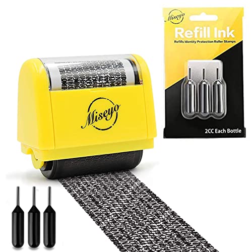 Miseyo Wide Identity Theft Protection Roller Stamp Set - Yellow (3 Refill Ink Included) with Refill Ink - 3 Pack - Black Ink