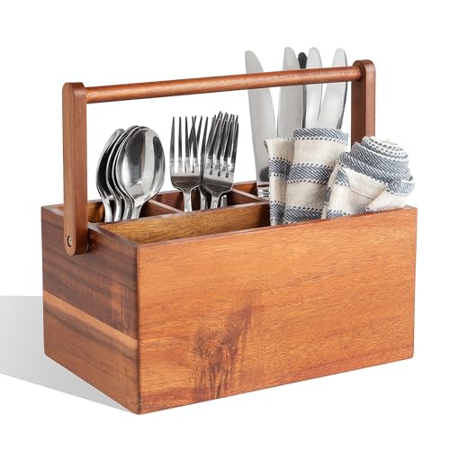 Amavle Acacia Wood Utensil Caddy with Handle, Wooden Silverware Holder, Multi-purpose Organizer for Kitchen, Office, Bathroom, Bedroom