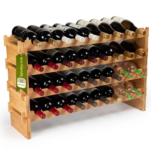 DECOMIL - 36 Bottle Large Wine Rack, Stackable & Modular Wine Storage Rack, Solid Bamboo Wine Holder Display Shelves, Wobble-Free (Four-Tier, 36 Bottle Capacity)