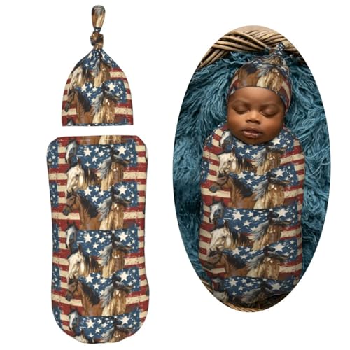 Image of Horses On American Flags Newborn Swaddle Blankets Hat Sets Soft Baby Receiving Blanket Swaddle Sack for Baby Shower Infant Boy Girl Gift