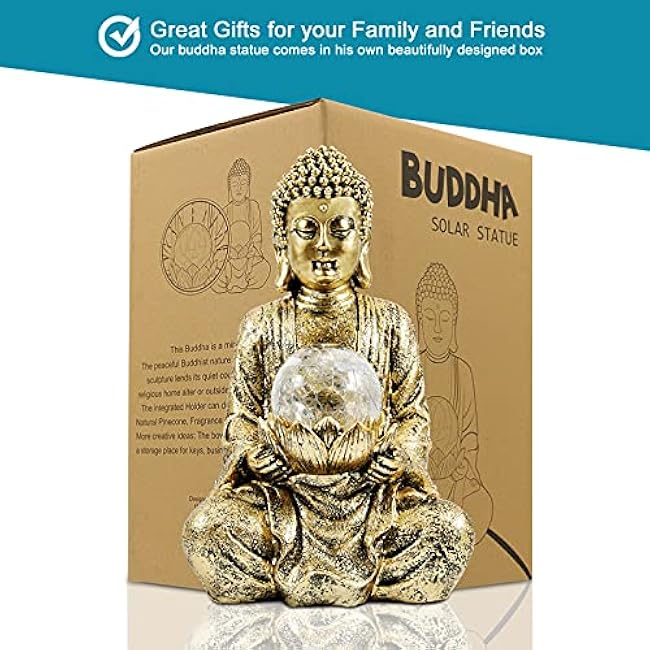 Nacome Meditating Buddha Statue with Solar Light,Zen Solar Garden Buddha with Cracked Glass Ball Sculpture-Indoor/Outdoor Decor for Balcony,Garden,Patio,Porch Yard Art Ornament,10.5 inch(Gold)