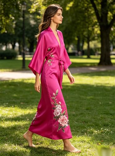 Image of Women's Classic 100% Silk Kimono Robe, Bathrobe-Printed Pattern