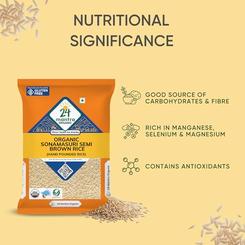 Image of 24 Mantra Organic Sonamasuri Unpolished Rice Brown /Brown Chawal - 5 Kg | Pack of 3 | 100% Organic | Chemical Free & Pesticides Free