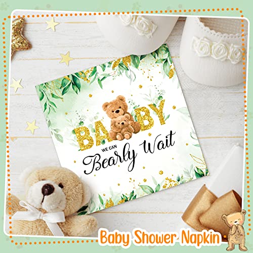 100 Pcs We Can Bearly Wait Baby Shower Napkins, Baby Shower Decorations For Boy, Bear Favors Napkins Cocktail Dessert Disposable Napkin Paper For Boy Or Girl Gender Reveal Party Supplies (Green Gold) #TOP4