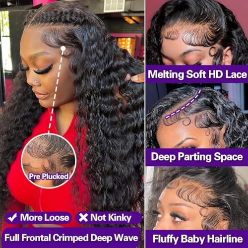 Image of 28Inch 13X6 Lace Front Wigs Human Hair 200% Density Deep Wave HD Transparent Lace Front Wigs Human Hair Pre Plucked Glueless Wigs Deep Curly Human Hair for Women With Baby Hair