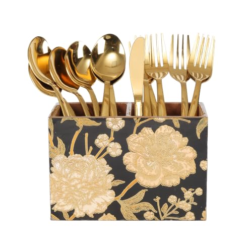 Image of Wooden Spoon Holder for Dining Table | 2-Section Cutlery Storage Box | Kitchen Utensil Organizer with Elegant Gold black Pattern | Multipurpose Tabletop Stand | 10 x 16 x 12 cm (Black Design)