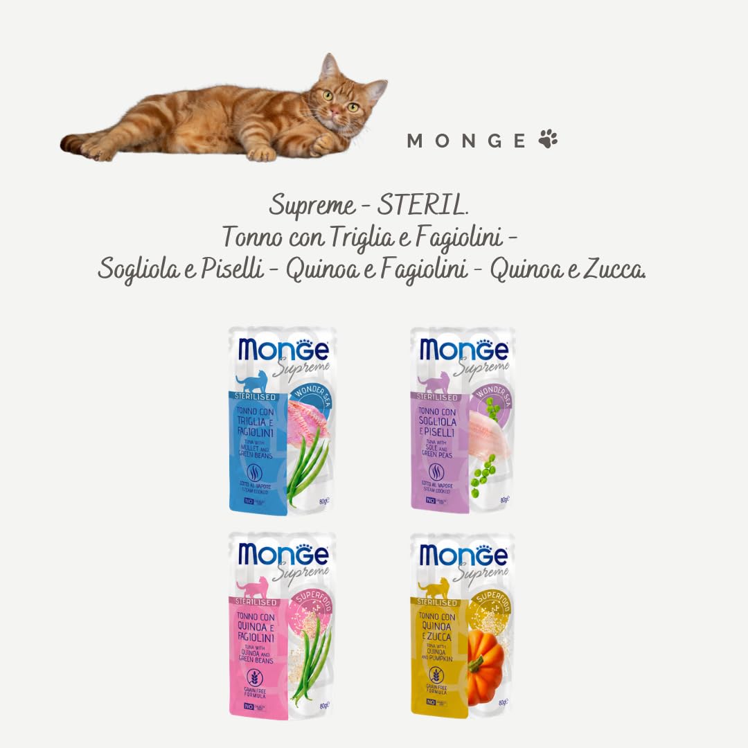 Monge Chat – Stérilised dans des saveurs assorties, nourriture humide équilibrée pour chats adultes stérilisés, sans colorants ni conservateurs ajoutés, 12 sachets de 80 g chacun.