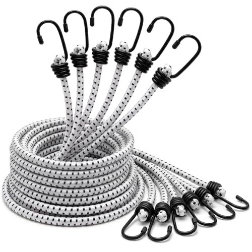 Image of 6 Pcs 120 Inch Extra Long Bungee Cords with Hooks 0.39 Inch Thick Heavy Duty Bungee Straps for Outdoors, Camping, Rvs, Bikes, Cargo (White+Black)