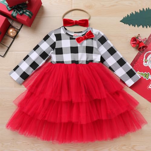Kids Baby Girls Xmas Outfits Long Sleeve Plaid Tiered Tulle Dress and Hair Bow, 2pcs Set2